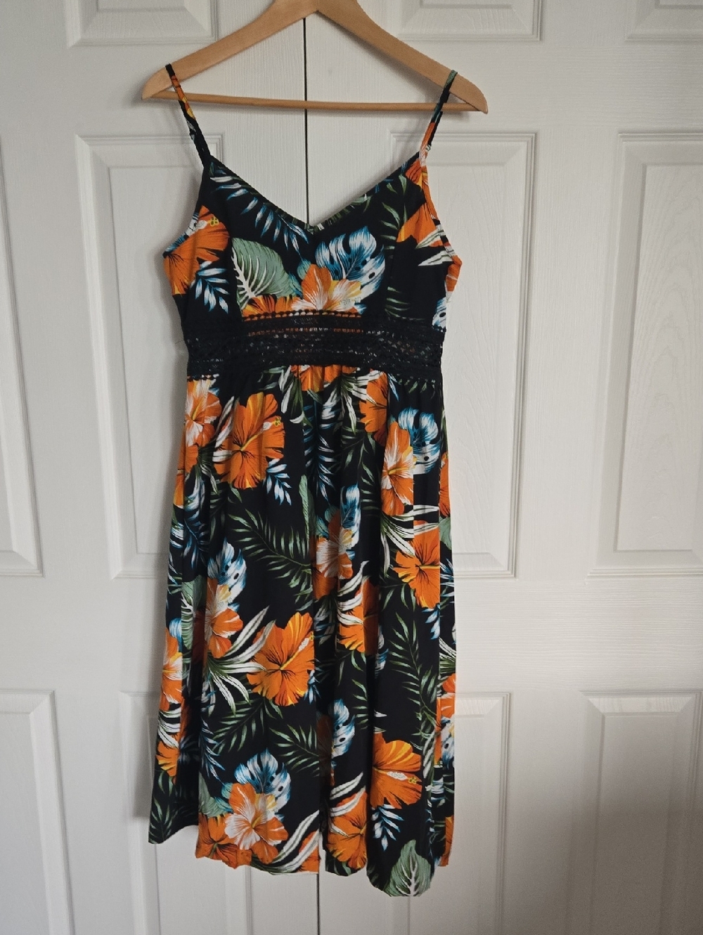 Black Tropical Floral Midi Sundress with Orange & Teal Flowers